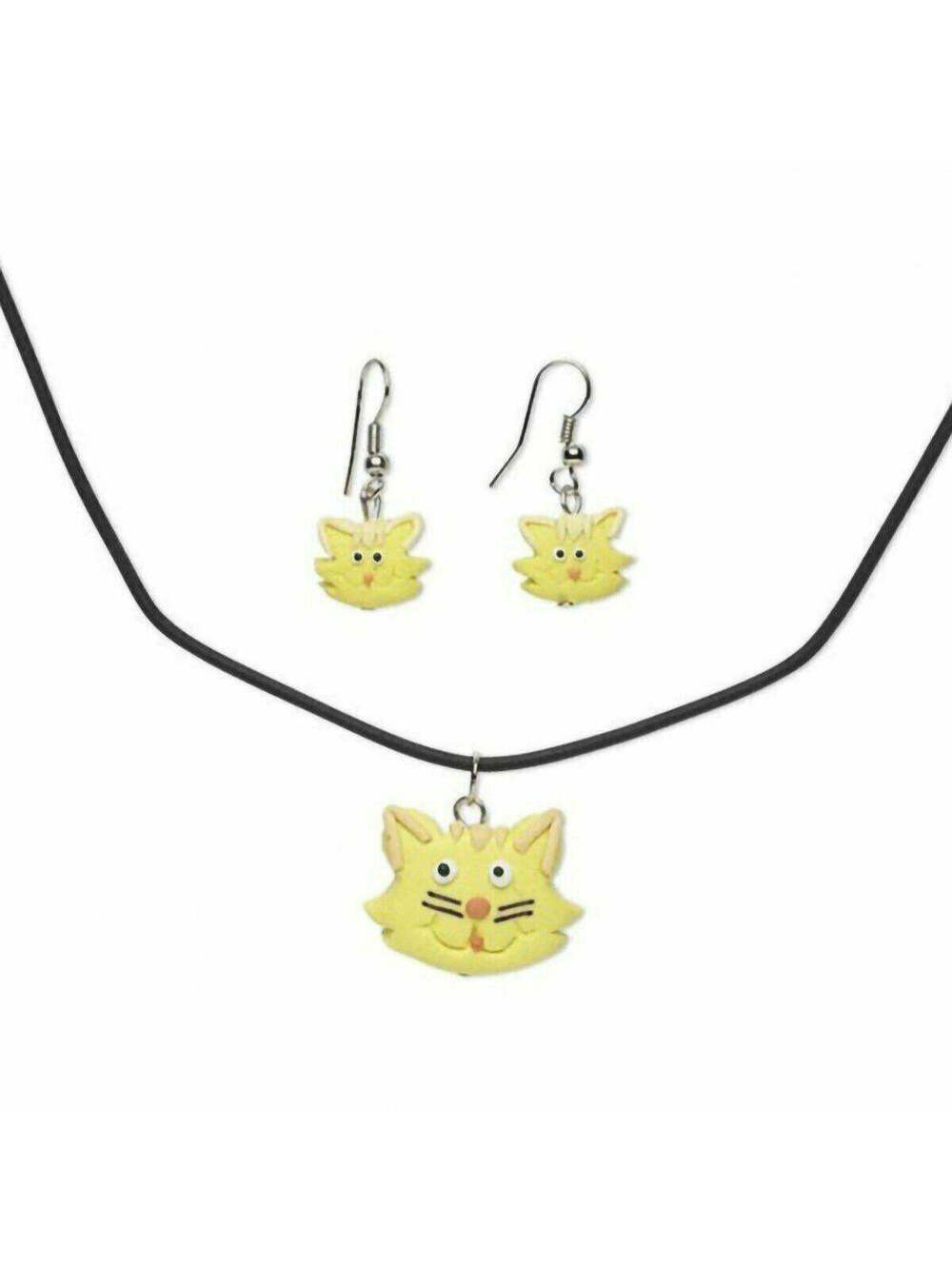 Handmade Yellow Kitten Cats Fimo Polymer Clay Necklace Earrings Jewelry Set